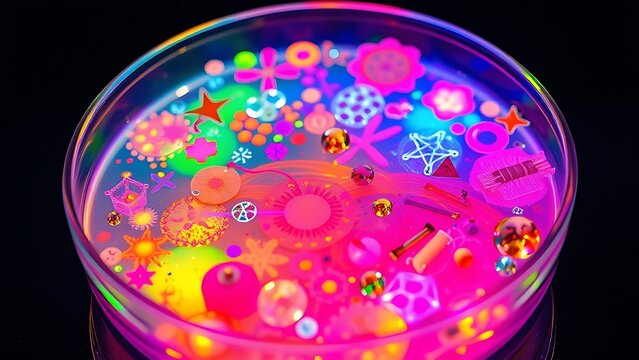 Glowing Petri dish overflowing with vibrant abstract representations of scientific concepts.