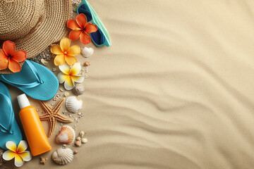 Summer beach essentials including flip-flops, sunhat, sunscreen, sunglasses, seashells, starfish, and tropical flowers on sand.
