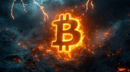 Glowing fiery bitcoin symbol emerging from dark volcanic rock with lightning bolts in stormy sky, representing power and energy