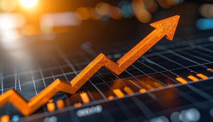 Upward orange zigzag arrow on digital financial screen with glowing data.