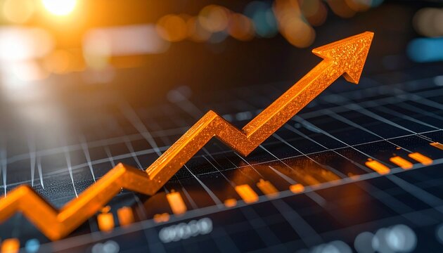 Upward orange zigzag arrow on digital financial screen with glowing data. - Powered by Adobe