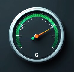 Close-up of a circular gauge meter with a needle pointing in the mid-high green zone on a dark background, indicating measurement or speed with a sleek metallic frame