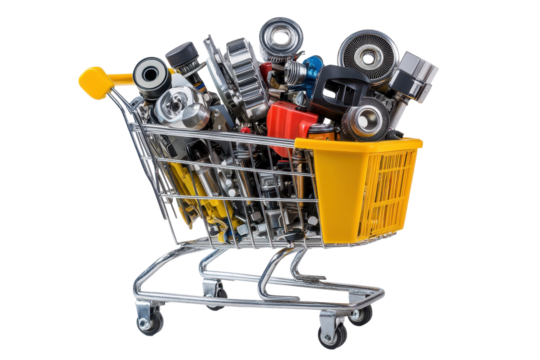 Yellow online shopping cart filled with various automotive parts and tools displayed against a neutral background