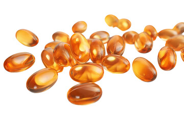 Pharmaceutical vitamin pills scattered on a white surface displaying their vibrant orange color and smooth texture, emphasizing their nutritional value and health benefits for daily use