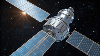 Fototapeta premium interplanetary robot mission Futuristic satellite orbiting in space, showcasing intricate details and solar panels against a starry backdrop.