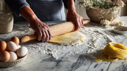 Rolling out fresh pasta dough on marble countertop in traditional Italian kitchen