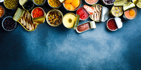 A large assortment of canned preserves food in tin open cans. On a gray stone background. Food banner. Top view.