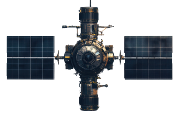 Satellite with solar panels isolated on a transparent background showcasing advanced technology and potential for orbital missions and space exploration