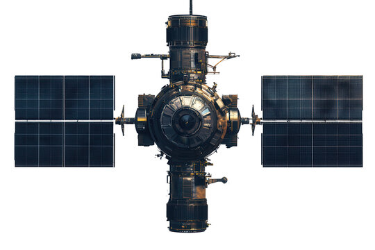 Satellite with solar panels isolated on a transparent background showcasing advanced technology and potential for orbital missions and space exploration