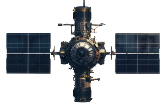 Satellite with solar panels isolated on a transparent background showcasing advanced technology and potential for orbital missions and space exploration