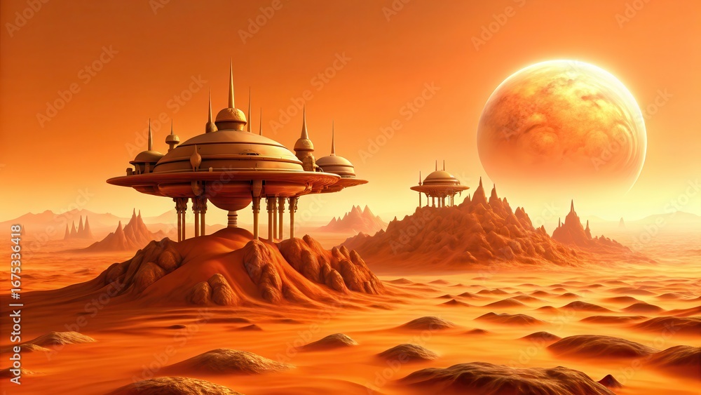 Poster mars colony concept art futuristic landscape with floating structures under a vibrant orange sky and