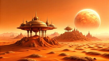 mars colony concept art Futuristic landscape with floating structures under a vibrant orange sky and a large planet in the background.