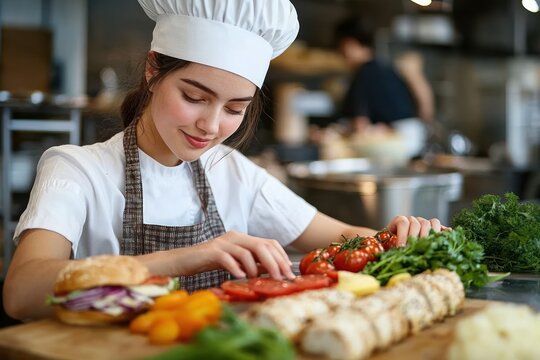 Young female chef in white uniform and hat preparing fresh vegetables and sandwiches with a focused and content expression in a professional kitchen - Powered by Adobe