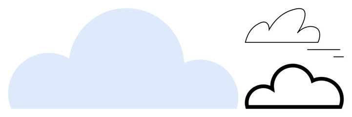Simplistic cloud illustrations in three distinct designs solid blue, black outline, and sketch style. Ideal for weather forecast, environment, data storage, apps, branding, education simple landing
