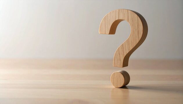 Wooden question marks scattered on textured surface with warm lighting.