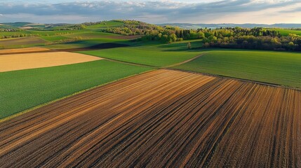 Fototapeta premium Expansive agricultural landscape with green and brown fields stretching towards rolling hills under a partly cloudy sky in soft natural light