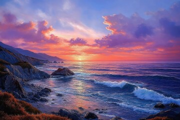 Vibrant sunset over a rocky coastline with waves crashing onto the shore under a colorful sky filled with clouds