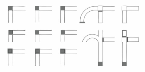 Collection of architectural corner joints and pipe connectors in a clean line art style