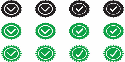 Collection of green and black checkmark badges and seals with a serrated edge