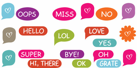 Collection of colorful speech bubbles with positive and common phrases and hearts