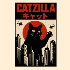 Catzilla Funny Giant Black Cat Japanese