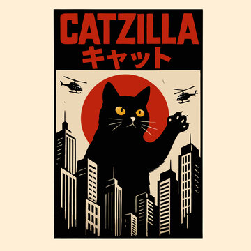Catzilla Funny Giant Black Cat Japanese