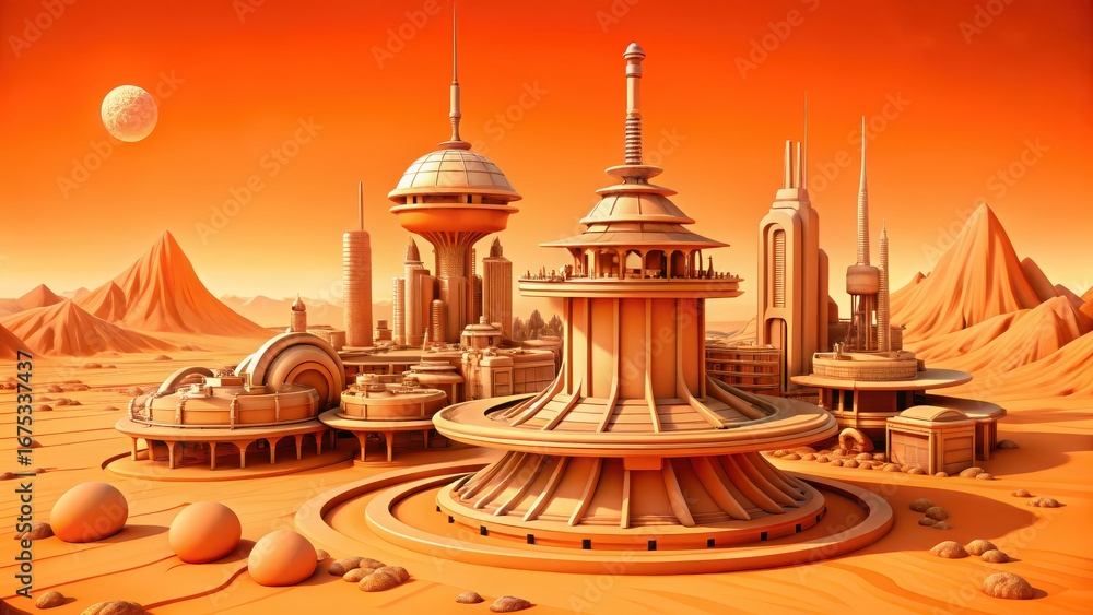 Poster mars colony concept art futuristic cityscape on a desert planet with unique architecture and an oran