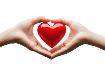 Couple holds a bright red heart between their hands expressing love and connection in a romantic setting