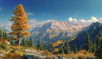 Vibrant autumn mountain landscape with colorful foliage, clear blue sky, and rugged peaks under bright daylight