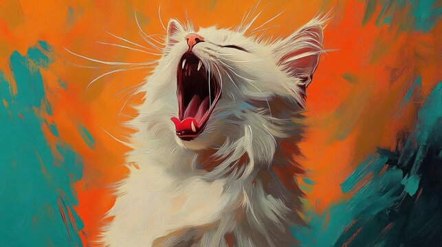 close-up of a white cat yawning or roaring with mouth wide open against a vibrant orange and teal abstract background, showing sharp teeth and expressive fur