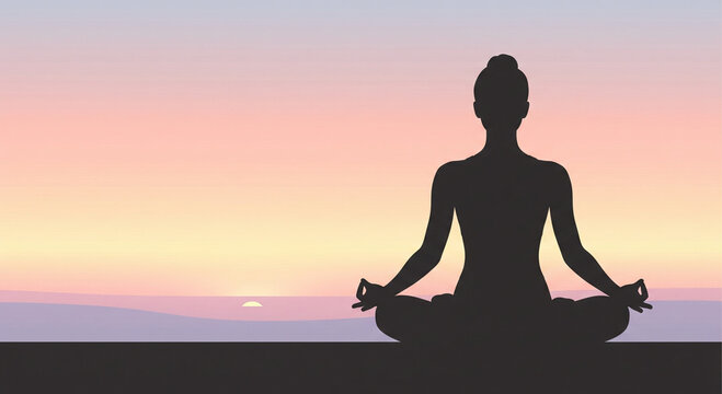 Flat silhouette of a woman doing yoga meditation pose, pastel sunset background, minimal design
