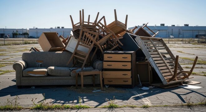 Pile of discarded furniture on asphalt