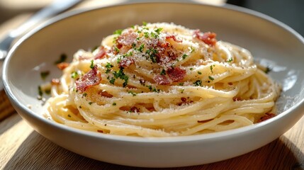 Close-up of a bowl with creamy spaghetti pasta garnished with crispy bacon bits, grated cheese, and chopped parsley on a wooden table