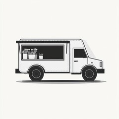 Minimalist black and white illustration of a food truck with serving window and utensils inside