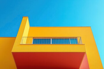 Modern architectural building featuring a bright yellow exterior with a balcony and metal railing under a clear blue sky