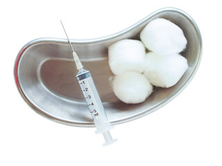 Medical Syringe and Cotton Balls in Stainless Kidney Tray