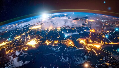Obraz premium Connected Earth from space with glowing data lines and city lights.
