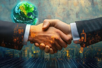 Close-up of two business people shaking hands with cityscape and Earth globe overlay symbolizing global cooperation and partnership