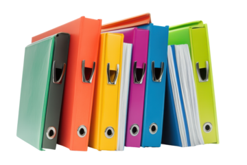 Colorful office ring binders arranged neatly for organizing documents in a modern workspace setting