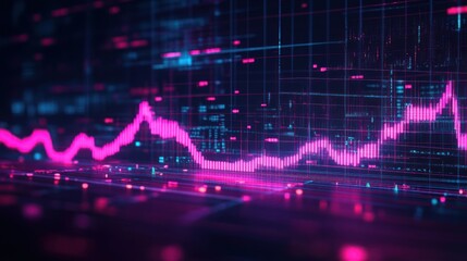 Glowing digital neon pink financial graph with fluctuating data lines on a dark futuristic grid background depicting market trends and analysis