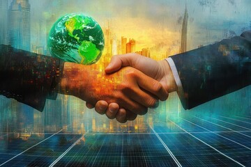 Two business people shaking hands with digital globe and futuristic cityscape in background symbolizing global cooperation and sustainable development
