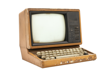 Old computer model with beige casing and vintage keyboard isolated on a white background showcasing retro technology and design from past decades