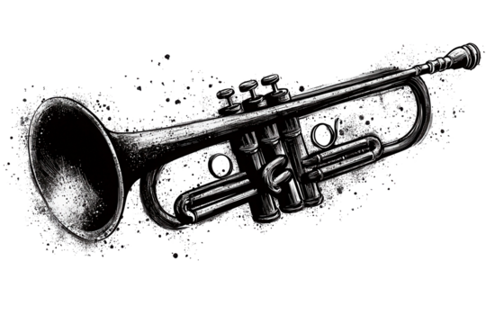 Trumpet illustrated in halftone design with a grunge aesthetic showcasing musical elements and vintage style for creative projects and artistic inspiration