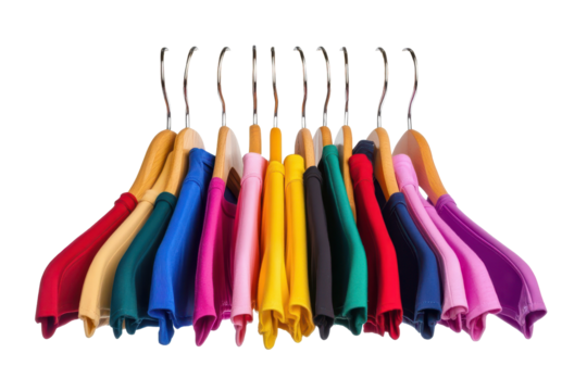 Colorful collection of clothing hangers displaying a variety of short-sleeve shirts in a retail or closet setting during daylight
