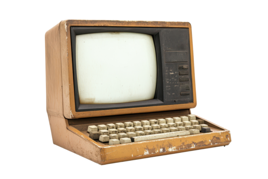Old computer model with beige casing and vintage keyboard isolated on a white background showcasing retro technology and design from past decades