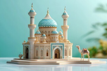 Fototapeta premium Intricately detailed miniature model of a mosque with teal domes and golden accents beside a small camel figure on a light reflective surface with a soft blue background
