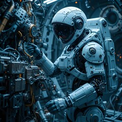 Fototapeta premium An astronaut works on a robotic system inside a futuristic space station environment