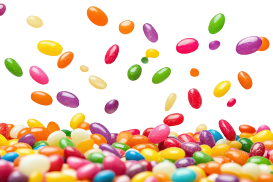 Colorful rainbow candy cascading upon a transparent surface, creating a vibrant and joyful display in a whimsical environment