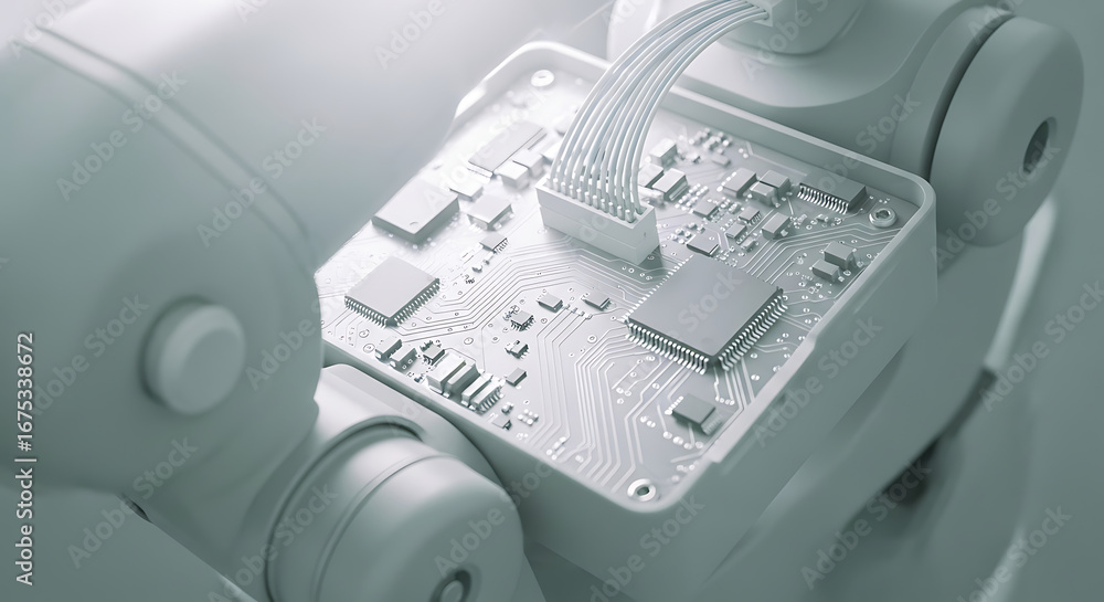 Poster close up of a robotic arm holding a circuit board with visible chips and wiring connections