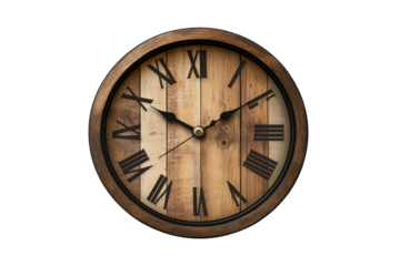 Wall clock with Roman numerals on wooden background features unique design perfect for home decor or office settings showcasing timeless elegance